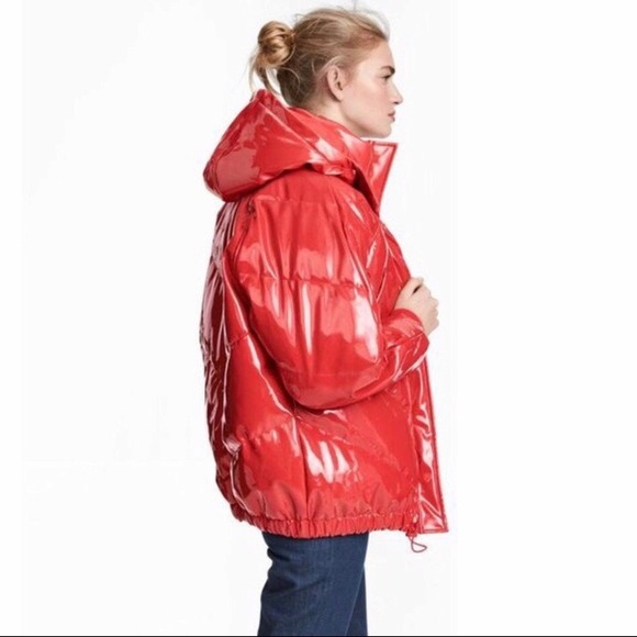 red patent puffer jacket